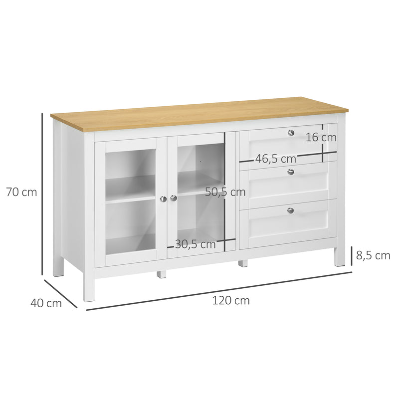 Aparador para Sala de Estar Armário Auxiliar com 2 Portas de Vidro 3 Gavetas e Prateleira Ajustável para Cozinha Sala de Jantar Corredor 120x40x70 cm Branco e Madeira