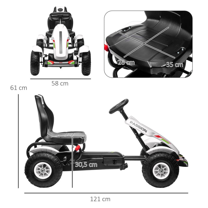 Kart a Pedais para Crianças Kart a Pedais Infantil com Assento Ajustável Pneus de Goma Travão de Mão para Crianças de 5-12 Anos Carga Máxima 50 kg 121x58x61 cm Branco