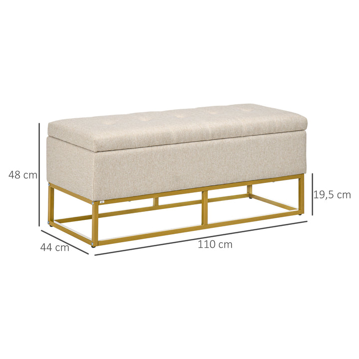 Banco de Armazenamento Otomano Retangular Estofado em Linho com Pés de Aço para Sala de Estar Dormitório 110x44x48 cm Bege