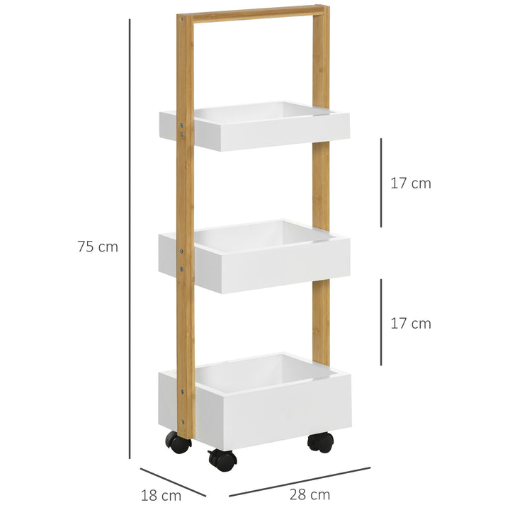 Carrinho de Armazenamrento de Bambu Carrinho Auxiliar com Rodas Carrinho de Cozinha com 3 Cestos e Alça para Sala de Estar Casa de Banho 28x18x75 cm Branco e Madeira