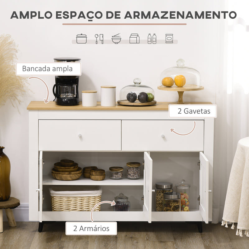 Aparador de Cozinha Móvel Auxiliar de Cozinha com 2 Gavetas 3 Portas e Prateleira Interior Ajustável Móvel de TV para Televisores de até 50 Polegadas 117x35x80 cm Branco e Madeira