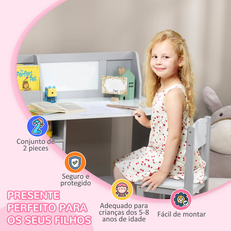 Conjunto de Mesa e Cadeira Infantil de Madeira com Quadro Branco Mesa de Estudo para Crianças acima de 5 Anos Móvel Escritório Infantil 90x45x85cm Cinza