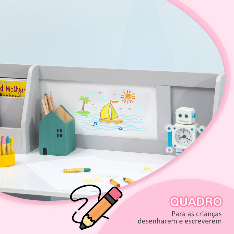 Conjunto de Mesa e Cadeira Infantil de Madeira com Quadro Branco Mesa de Estudo para Crianças acima de 5 Anos Móvel Escritório Infantil 90x45x85cm Cinza