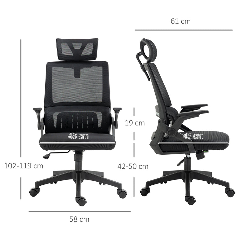 Cadeira de Escritório de Malha Cadeira de Escritório Giratória com Altura e Apoio para a Cabeça Ajustáveis e Apoio para os Braços Estilo Moderno Carga 120 kg para Estúdio 58x61x102-119 cm Preto