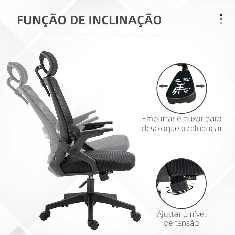 Cadeira de Escritório de Malha Cadeira de Escritório Giratória com Altura e Apoio para a Cabeça Ajustáveis e Apoio para os Braços Estilo Moderno Carga 120 kg para Estúdio 58x61x102-119 cm Preto