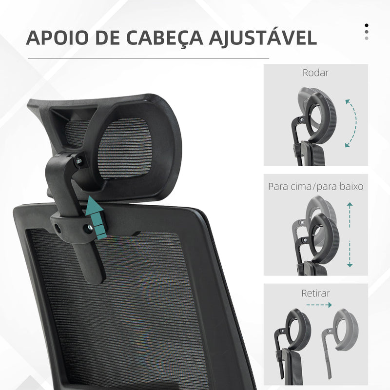 Cadeira de Escritório de Malha Cadeira de Escritório Giratória com Altura e Apoio para a Cabeça Ajustáveis e Apoio para os Braços Estilo Moderno Carga 120 kg para Estúdio 58x61x102-119 cm Preto