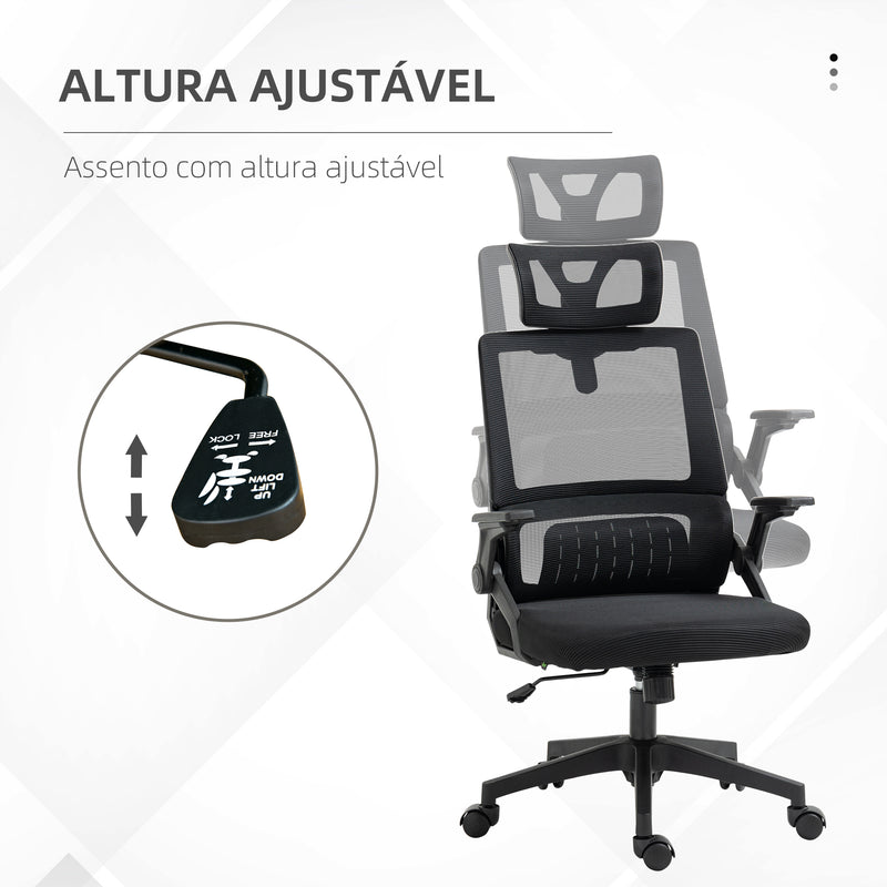 Cadeira de Escritório de Malha Cadeira de Escritório Giratória com Altura e Apoio para a Cabeça Ajustáveis e Apoio para os Braços Estilo Moderno Carga 120 kg para Estúdio 58x61x102-119 cm Preto