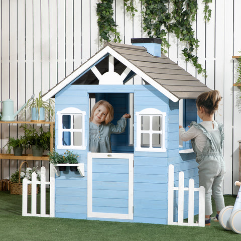Casa de Madeira para Crianças Casa de Madeira Infantil Exterior para Crianças de 3-7 Anos com Porta Janelas Vasos e Cercas Laterais 151x112,5x142 cm Azul