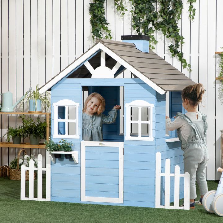 Casa de Madeira para Crianças Casa de Madeira Infantil Exterior para Crianças de 3-7 Anos com Porta Janelas Vasos e Cercas Laterais 151x112,5x142 cm Azul