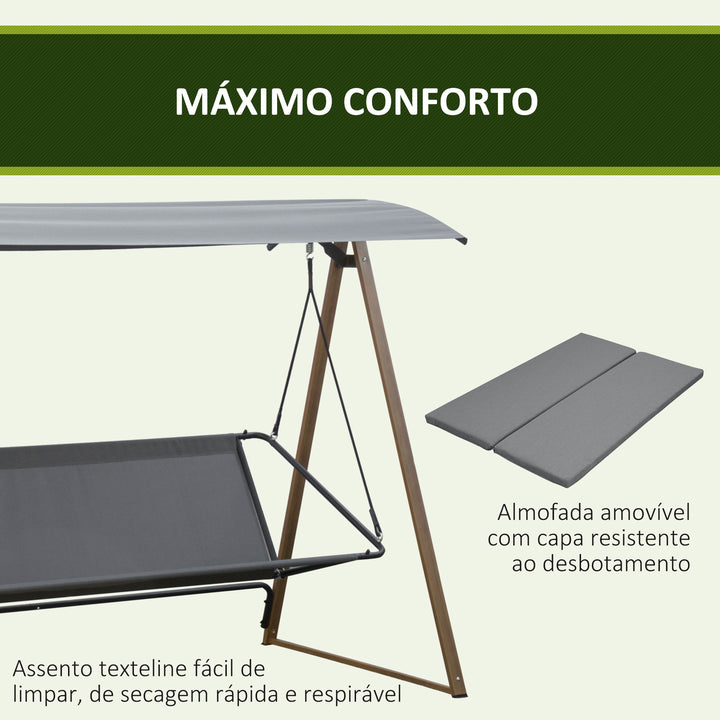 Baloiço de Jardim 3 Lugares com Teto Ajustável Assento Acolchoado e Estrutura de Aço para Pátio Varanda Exterior Carga Máx. 320 kg 224x133x173 cm Cinza