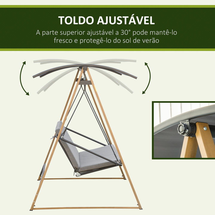 Baloiço de Jardim 3 Lugares com Teto Ajustável Assento Acolchoado e Estrutura de Aço para Pátio Varanda Exterior Carga Máx. 320 kg 224x133x173 cm Cinza