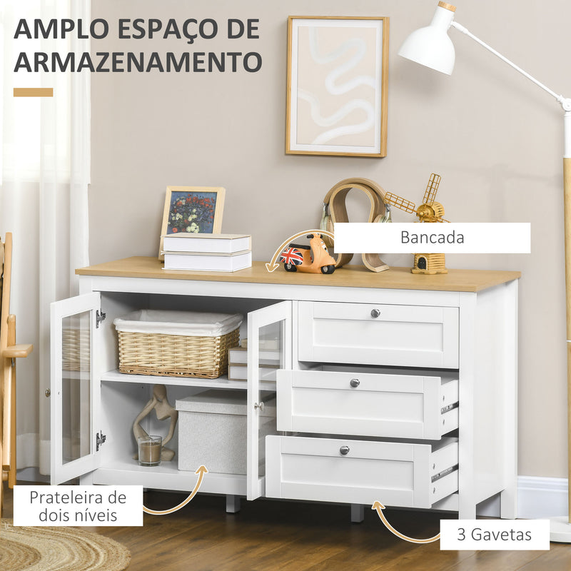 Aparador para Sala de Estar Armário Auxiliar com 2 Portas de Vidro 3 Gavetas e Prateleira Ajustável para Cozinha Sala de Jantar Corredor 120x40x70 cm Branco e Madeira