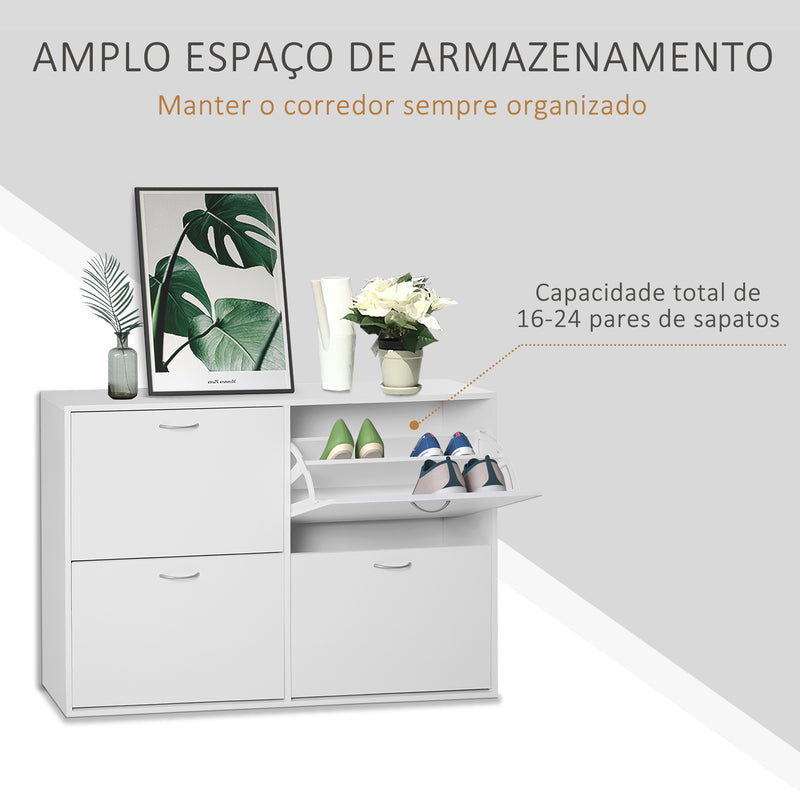 Móvel Sapateira Branca Sapateira Moderna com 4 Gavetas Abatíveis e Prateleiras Ajustáveis para 16-24 Pares de Sapatos para Corredor Entrada 120x24x81 cm Branco