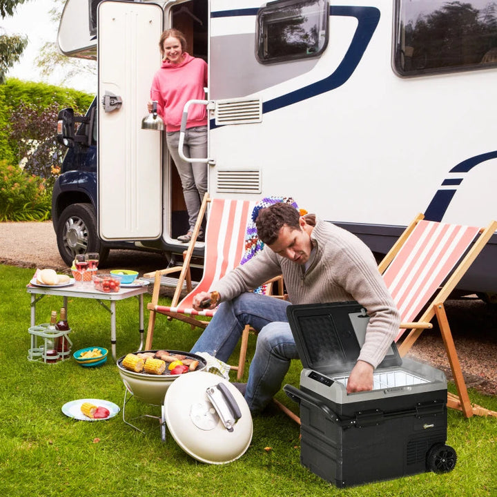 Frigorífico e Congelador de Compressor Portátil 60L Refrigerador de Carro CC 12V/24V até -20? com Ecrã LED Tátil Alça Retrátil e Rodas 71,1x46x57,1 cm Preto