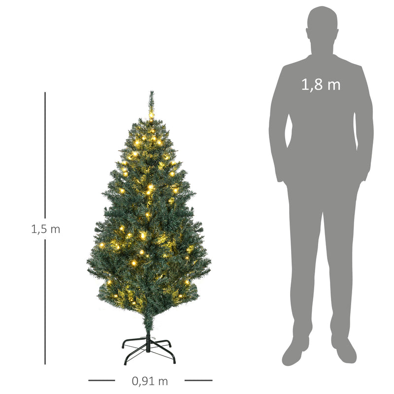 Árvore de Natal Artificial 150 cm com 100 Luzes LED Árvore de Natal com 472 Ramos e 80 Decorações para Interior Aço Ø91x150 cm Verde