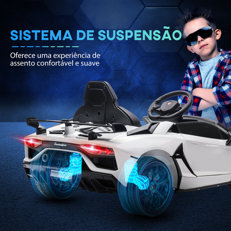 Carro Elétrico Lamborghini para Crianças de 37 a 60 Meses Carro Elétrico a Bateria 12V Velocidade Máxima 5km/h Controlo Remoto MP3 Luzes e Cinto de Segurança 107,5x63x42 cm Branco