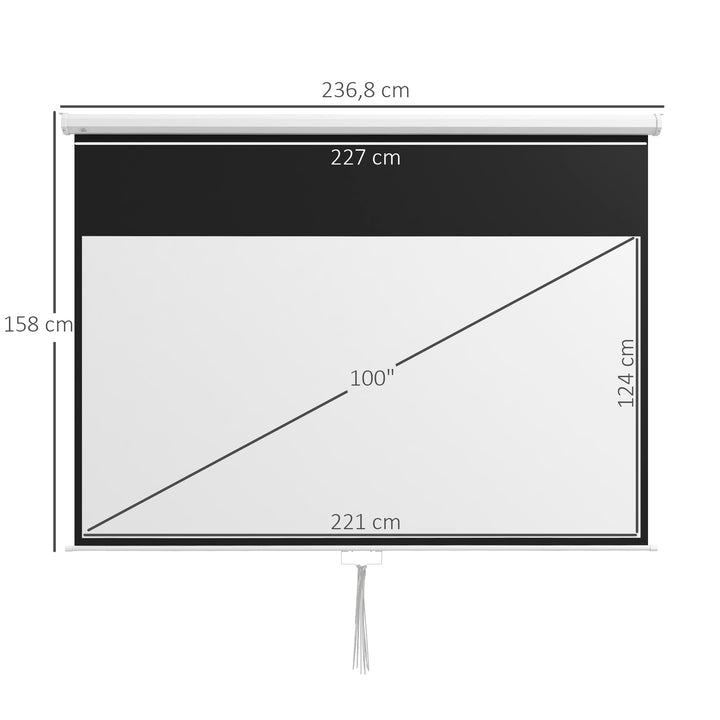 Tela de Projeção Manual 100 Polegadas Tela de Projeção Portátil Formato 16:9 com Altura Ajustável para Interior e Exterior Cinema em Casa 236,8x8x158 cm Branco