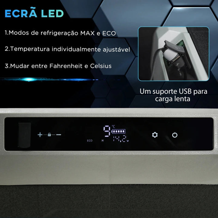 Frigorífico e Congelador de Compressor Portátil 60L Refrigerador de Carro CC 12V/24V até -20? com Ecrã LED Tátil Alça Retrátil e Rodas 71,1x46x57,1 cm Preto