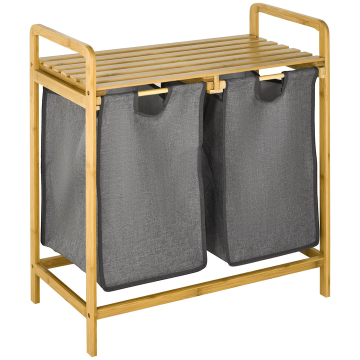Cesto de Roupa de Bambu Cesto de Roupa Suja para Lavandaria com 2 Bolsas Amovíveis e Prateleira para Dormitório Casa de Banho Lavandaria 63,5x33x73 cm Madeira e Cinza
