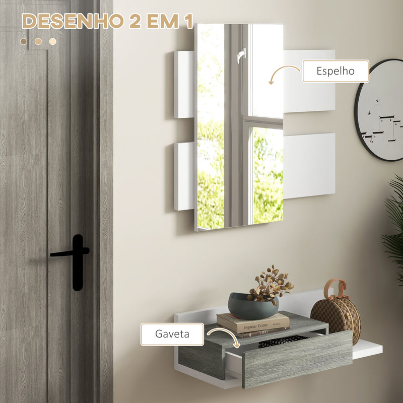 Conjunto de Móveis de Entrada com Espelho e Gaveta Móvel de Entrada Suspenso para Corredor Estilo Moderno 75x3,5x75 cm e 75x30,5x20 cm Branco e Cinza