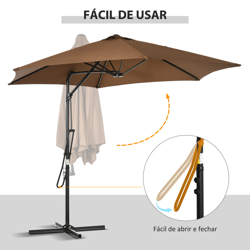 Chapéu de Sol Excêntrico de Jardim Ø295x245 cm Chapéu de Sol com Manivela Manual 6 Varas de Metal Ventilação e Base Cruzada para Pátio Varanda Exterior Marrom