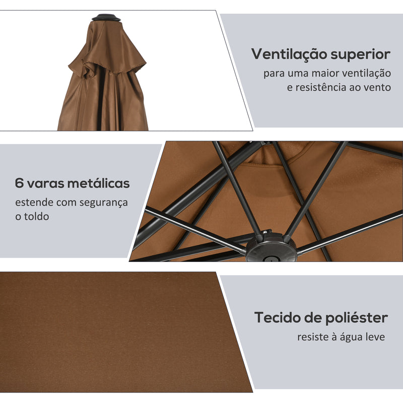 Chapéu de Sol Excêntrico de Jardim Ø295x245 cm Chapéu de Sol com Manivela Manual 6 Varas de Metal Ventilação e Base Cruzada para Pátio Varanda Exterior Marrom