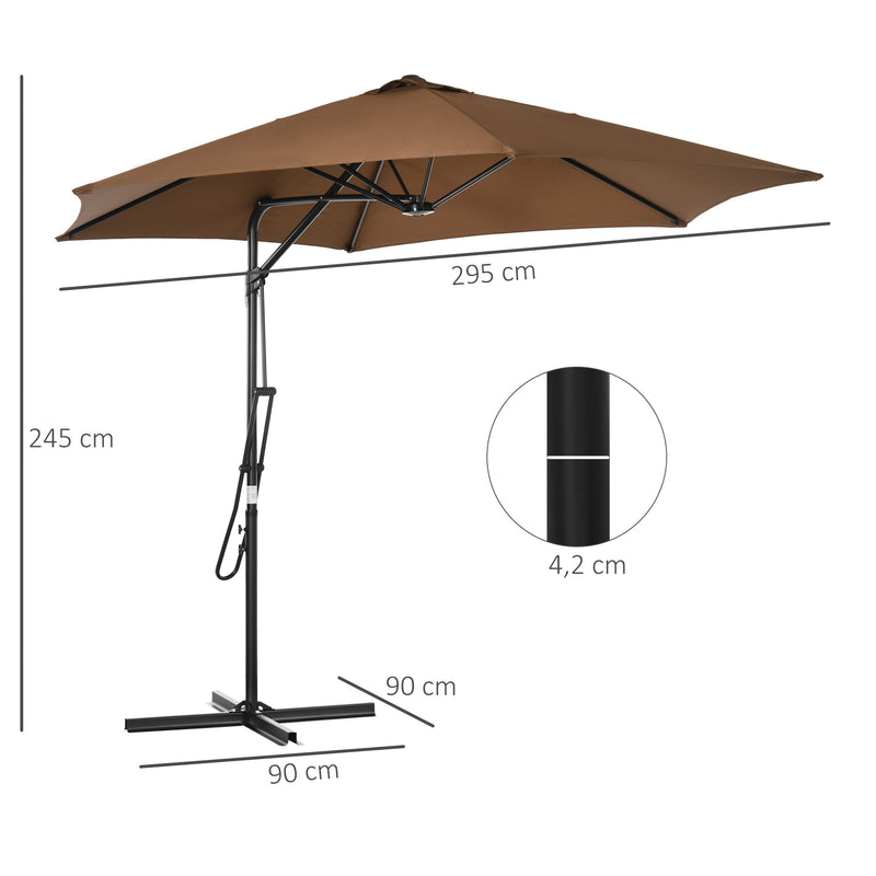 Chapéu de Sol Excêntrico de Jardim Ø295x245 cm Chapéu de Sol com Manivela Manual 6 Varas de Metal Ventilação e Base Cruzada para Pátio Varanda Exterior Marrom