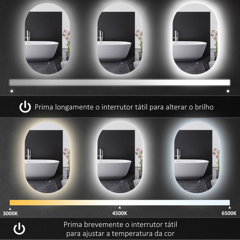 Espelho Casa de Banho com Luzes LED 81x51 cm Espelho de Parede com 3 Cores Ajustáveis Função Antiembaciamento Interruptor Tátil Horizontal ou Vertical Prata