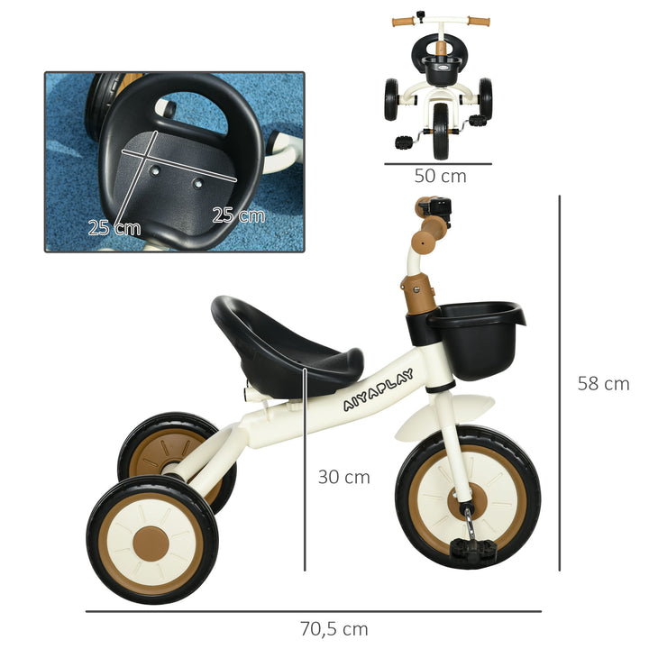 Triciclo para Crianças de 2 a 5 anos Triciclo Infantil com Assento Ajustável Cesta Buzina e Pedais e 3 Rodas Carga Máxima 25 kg 70,5x50x58 cm Bege e Marrom