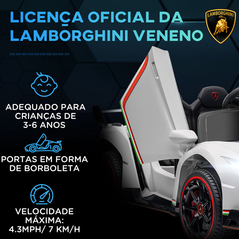 Carro Elétrico Lamborghini para Crianças de 3 a 6 Anos Carro a Bateria 12V Velocidade Máxima 7 km/h com Controlo Remoto MP3 Luzes e Cinto de Segurança 111x61x45 cm Branco