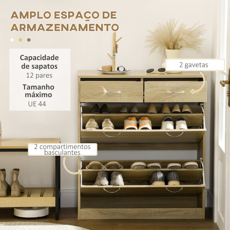 Sapateira Móvel para Sapatos Estreito com 2 Compartimentos e 2 Gavetas para 12 Pares de Sapatos para Sala de Estar Entrada Corredor 80x30x91,5 cm Carvalho