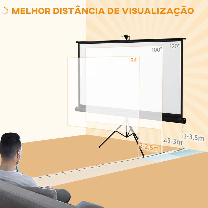 Tela de Projeção Manual com Suporte 84 Polegadas Tela de Projeção Portátil Formato 16:9 com Altura Ajustável para Interior e Exterior Cinema em Casa 200x8x118 cm Branco e Preto