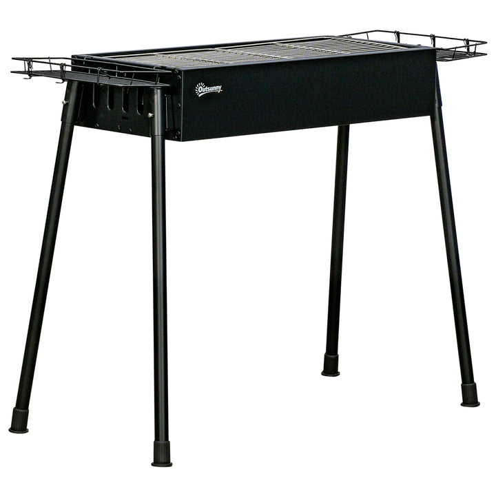 Barbecue a Carvão com 2 Grelhas de Aço Inoxidável Barbecue Portátil com 2 Prateleiras para Temperos com Ganchos para Campismo Jardim 77x30x70 cm Preto