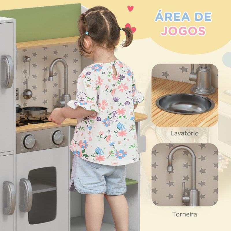 Cozinha de Madeira para Crianças de 3-6 Anos Cozinha Infantil com Máquina de Gelo Lavatório de Aço Inoxidável e Utensílios 84x34x89 cm Branco