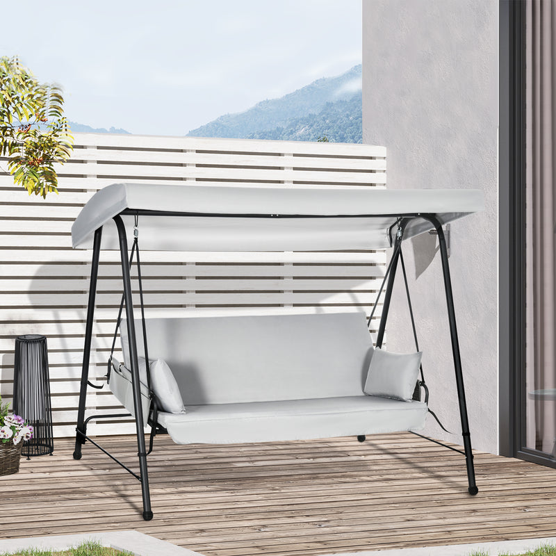 Baloiço de Jardim de 3 Lugares Banco Baloiço Convertível em Cama com Toldo Reclinável 2 Almofadas 2 Bolsas de Armazenamento e Estrutura de Aço 236x138x185 cm Cinza