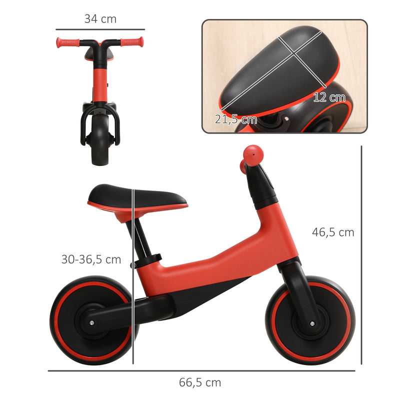 Bicicleta sem Pedais para Crianças acima de 18 Meses Bicicleta Infantil para Bebé com Assento Ajustável em 30-36,5 cm Rodas de Ø19 cm Carga 25 kg 66,5x34x46,5 cm Vermelha