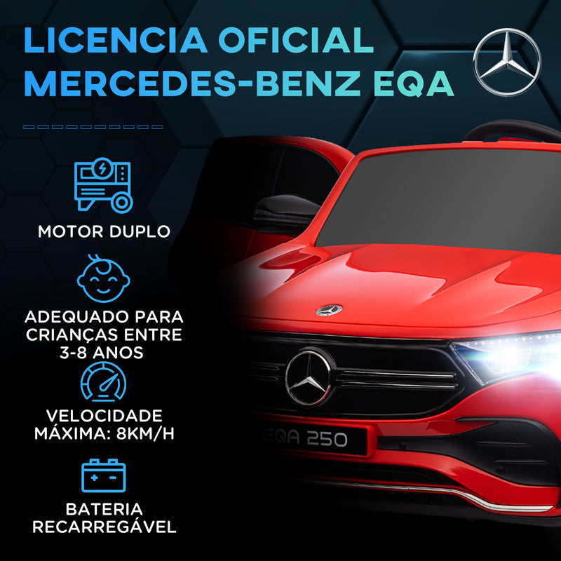 Carro Elétrico para Crianças Mercedes-Benz EQA Carro a Bateria 12V com Controlo Remoto Música Buzina Velocidade 3-8 km/h para Crianças 3-8 Anos 111,5x69x52,5 cm Vermelho