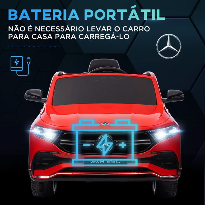 Carro Elétrico para Crianças Mercedes-Benz EQA Carro a Bateria 12V com Controlo Remoto Música Buzina Velocidade 3-8 km/h para Crianças 3-8 Anos 111,5x69x52,5 cm Vermelho