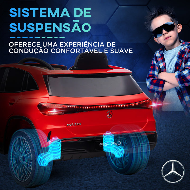 Carro Elétrico para Crianças Mercedes-Benz EQA Carro a Bateria 12V com Controlo Remoto Música Buzina Velocidade 3-8 km/h para Crianças 3-8 Anos 111,5x69x52,5 cm Vermelho