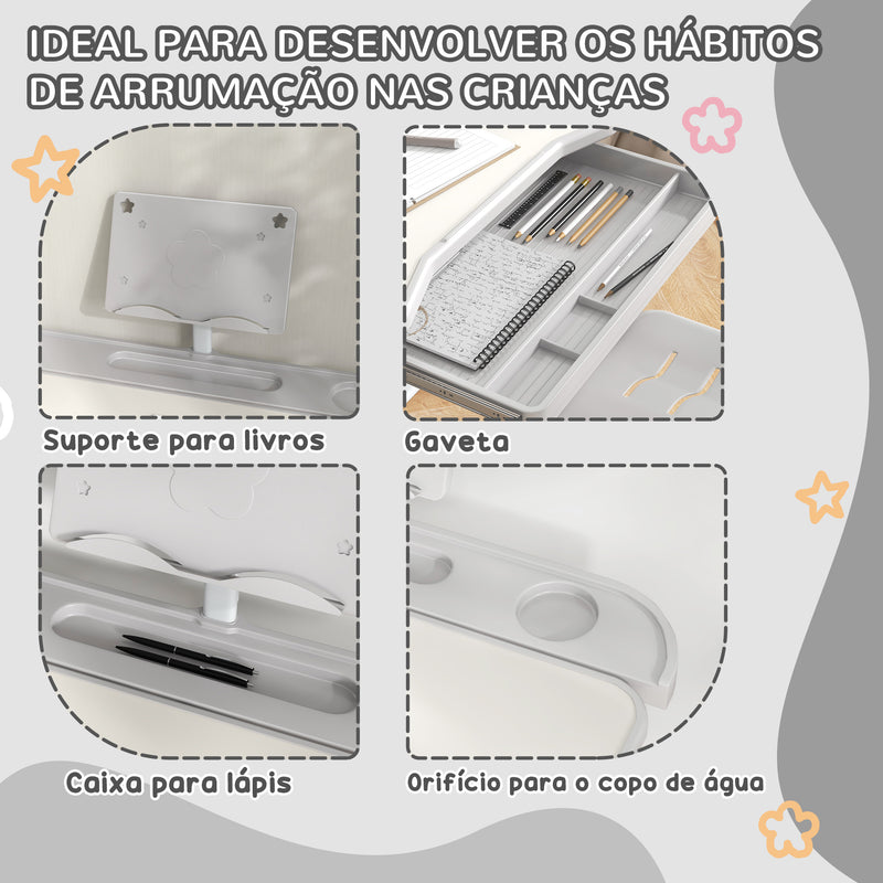 Conjunto de Secretária e Cadeira para Crianças de 6-12 Anos Secretária para Crianças com Altura Ajustável com 1 Gaveta Prateleira para Livros e Ângulo da Mesa Ajustável 80x49,5x82-104 cm Cinza e Branco