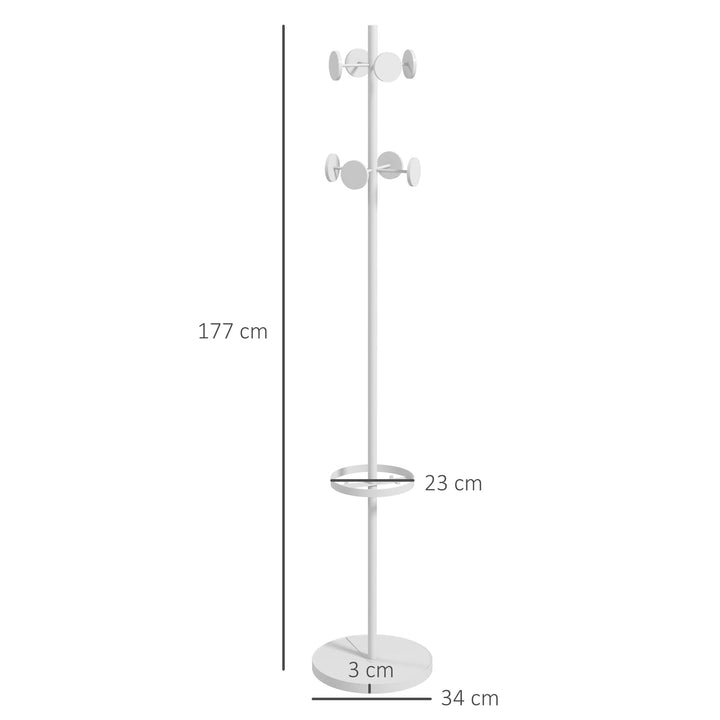 Cabide de Pé com Suporte para Guarda Chuvas Cabide de Pé para Roupas de Metal com 12 Ganchos para Pendurar Bolsas Cabide de Pé para Corredor Entrada Dormitório Ø34x177 cm Branco