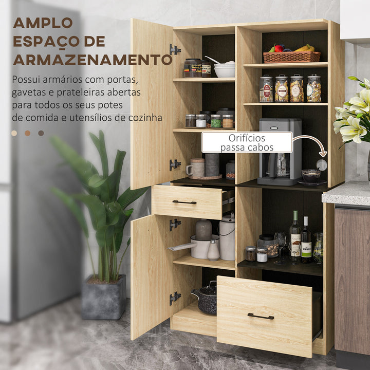 Armário de Cozinha Moderno Armário de Cozinha com 2 Gavetas 2 Armários e 4 Prateleiras Abertas Móvel Auxiliar de Cozinha 90x40x170 cm Madeira e Preto