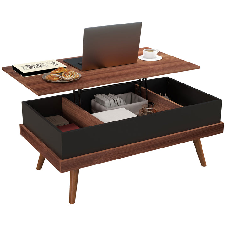 Mesa de Centro Elevatória Mesa de Centro Sala de Estar com 3 Compartimentos de Armazenamento Ocultos e Pés de Madeira para Escritório Dormitório 100x79x54 cm Marrom e Preto