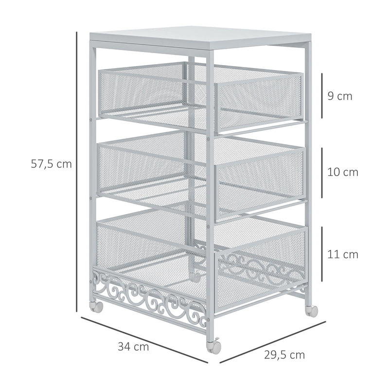 Carrinho Auxiliar com Rodas Carrinho de Armazenamento de 3 Níveis com 3 Gavetas de Armazenamento para Sala de Estar Sala de Jantar Casa de Banho 34x29,5x57,5 cm Branco