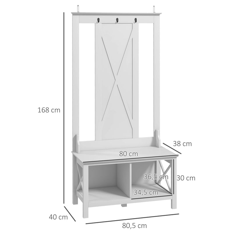 Móvel Cabide de Entrada de Madeira Móvel de Entrada com Banco 2 Prateleiras e 3 Ganchos para Pendurar Roupa Bolsas para Corredor Entrada 80,5x40x168 cm Branco