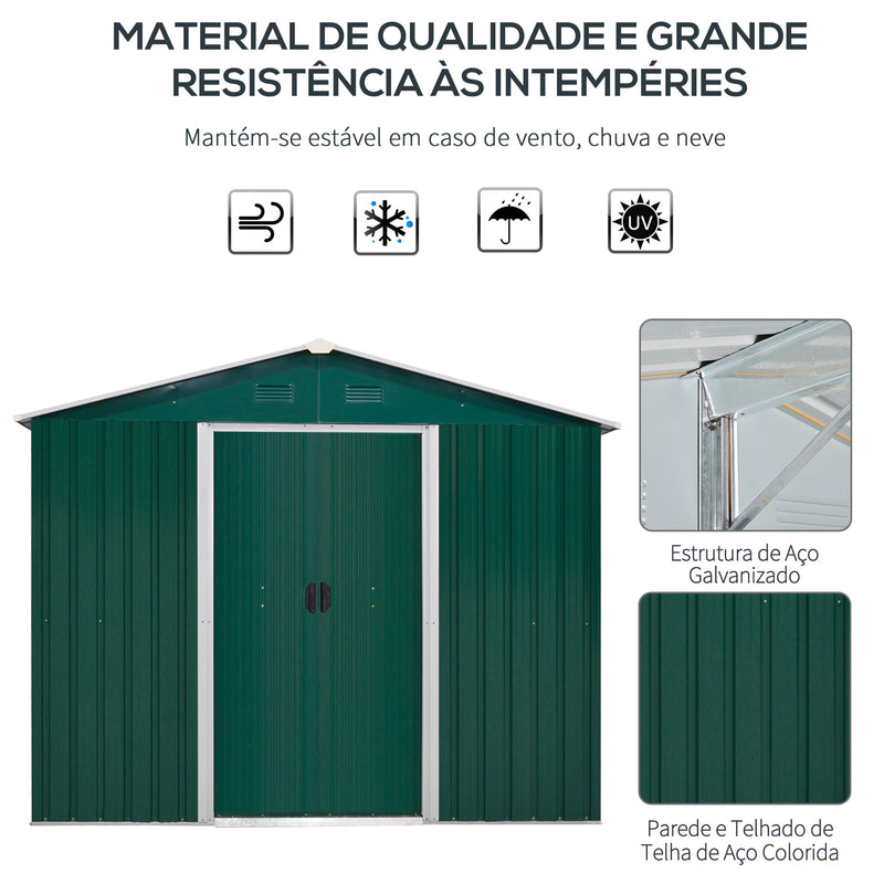 Abrigo de Jardim de 4,1 m² 236x174x190 cm Abrigo de Exterior para Armazenamento de Ferramentas com Portas de Correr e 4 Janelas de Ventilação para Pátio Verde