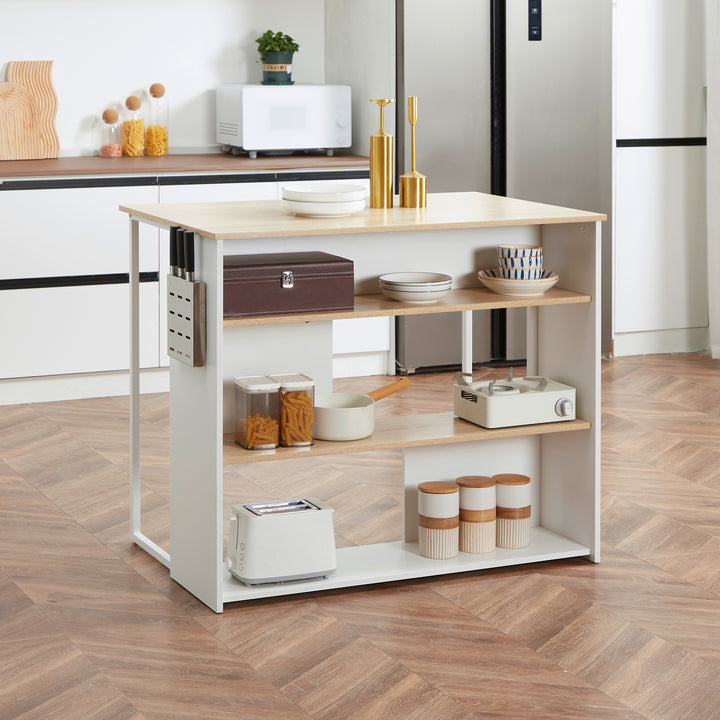 Ilha de Cozinha Moderna Móvel Auxiliar de Cozinha com 3 Prateleiras Abertas Suporte para Facas e Microondas Estrutura de Aço para Sala de Jantar 105x65x90 cm Carvalho