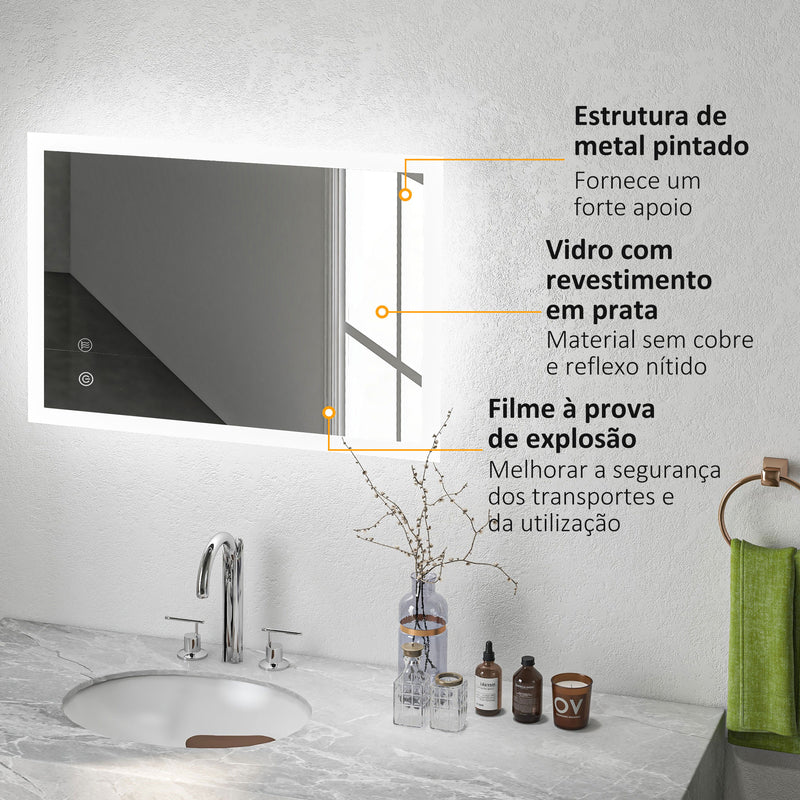 Espelho Casa de Banho com Luzes LED 70x50 cm Espelho de Parede com Função Antiembaciamento 3 Cores Função de Memória Interruptor Tátil e Classificação IP44 Horizontal ou Vertical Prata