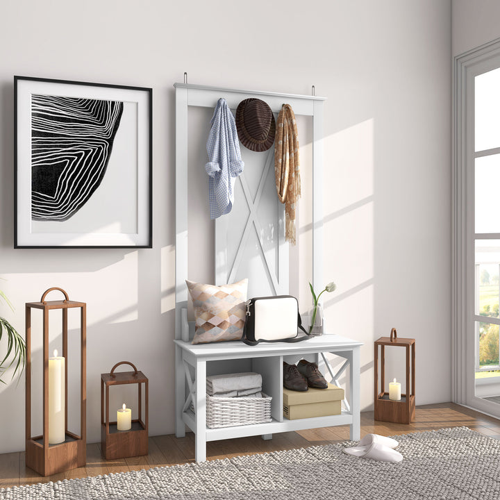 Móvel Cabide de Entrada de Madeira Móvel de Entrada com Banco 2 Prateleiras e 3 Ganchos para Pendurar Roupa Bolsas para Corredor Entrada 80,5x40x168 cm Branco