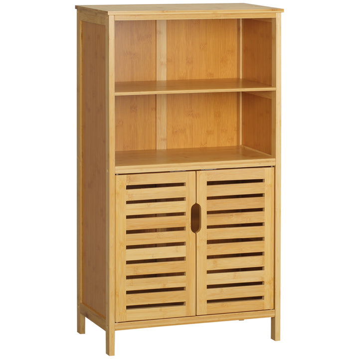 Armário Casa de Banho de Bambu Móvel Auxiliar Casa de Banho com 2 Portas 2 Prateleiras Abertas e Pés Elevados 50x29x92 cm Madeira